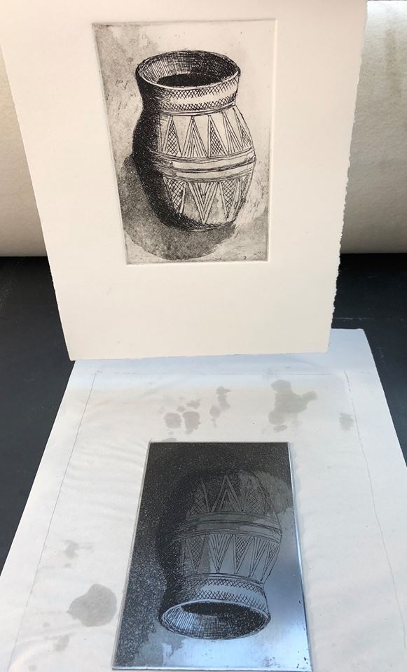 shows an etching plate and the printed image from an etching workshop with professional artist / printmaker  Louise Stebbing